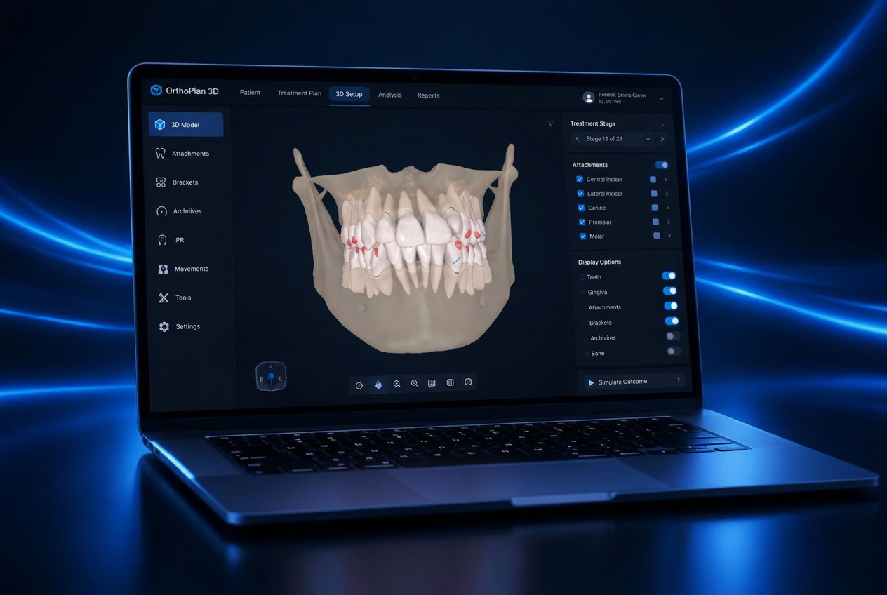 Notebook exibindo planejamento ortodôntico 3D